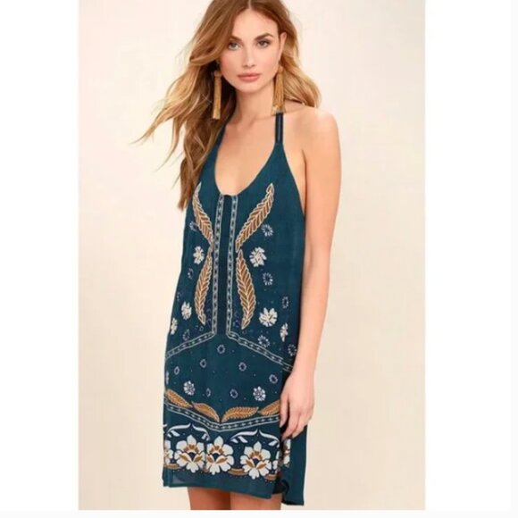O'Neill Ellison Teal Blue Embroidered Halter Dress Sz L #329i - Picture 3 of 12
